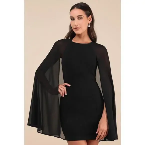 Lulus Captivating Drama Black Cape Sleeve Mini Dress - Size L - Picture 1 of 1